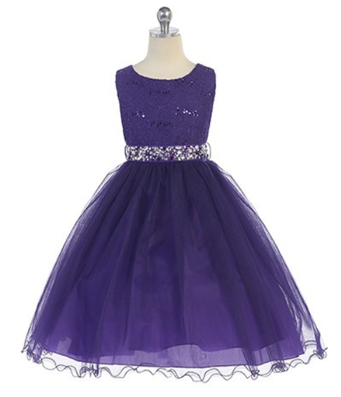 purple sequin, lace, and rhinestones dress
