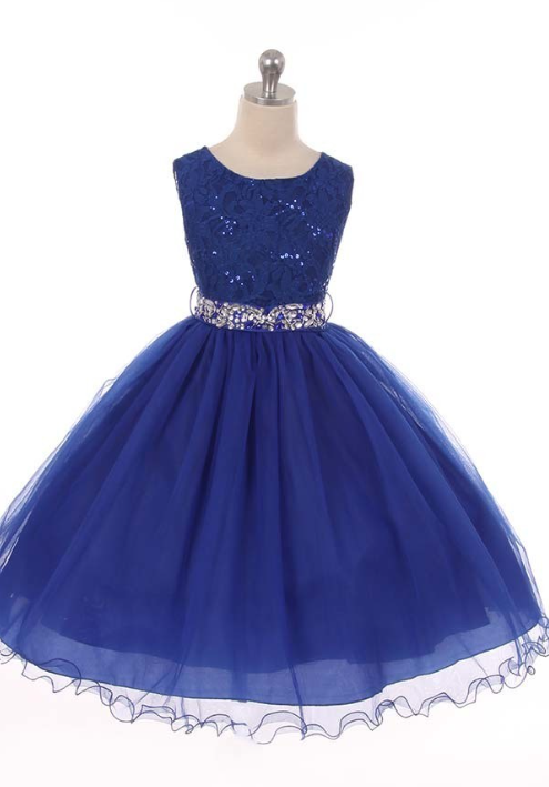 royal blue sequin, lace, and rhinestones dress