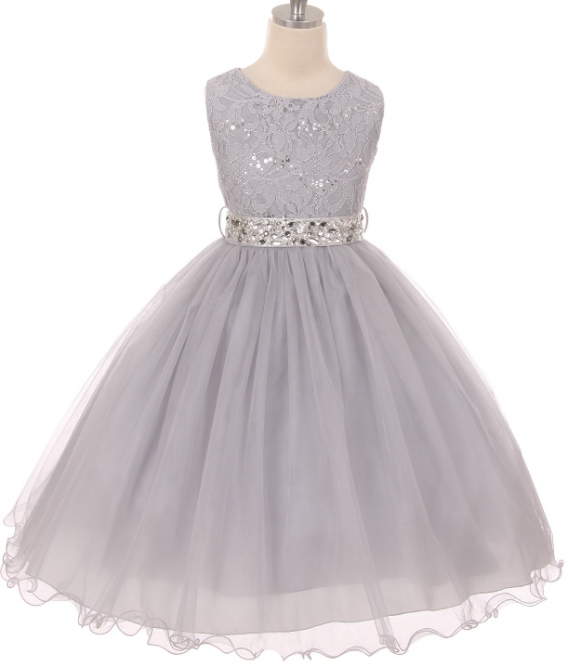 silver sequin, lace, and rhinestones dress