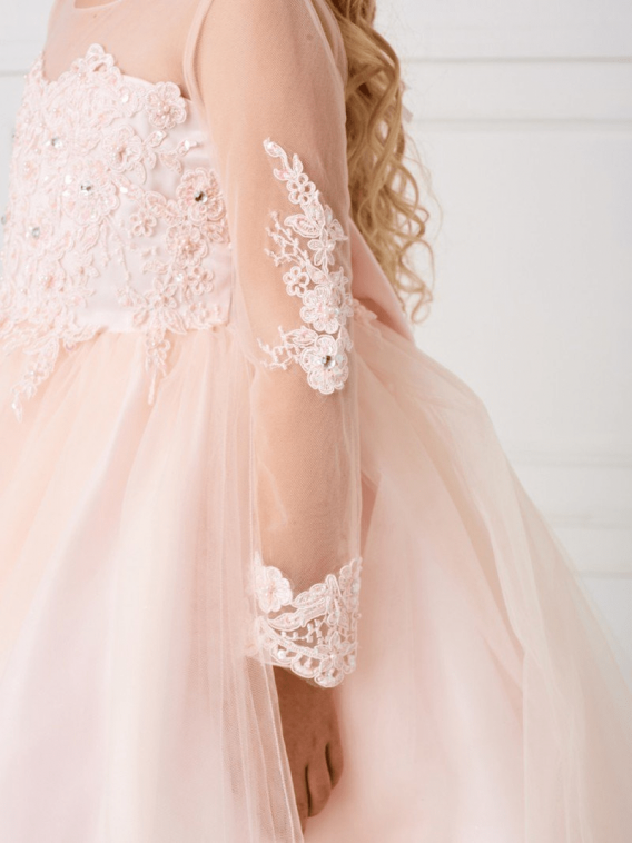 blush lace long sleeve flower girl dress