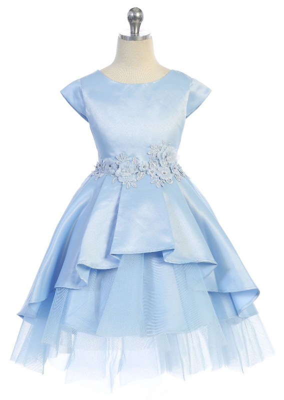 Girls light blue cap sleeve dress has a high low peplum skirt with tiered tulle underlay. Flower waist accent, and sash back.
