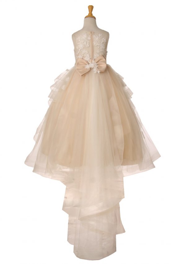 High low dress for flower girls. Hand-crafted lace appliques with sequins and bow back. Hi-low train has 3D lace flowers.