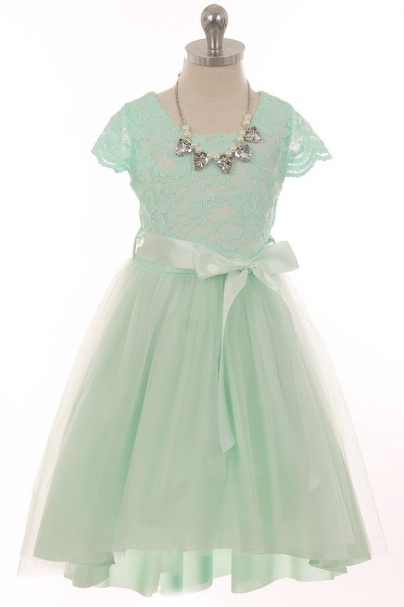 Little Girls Mint Necklace Lace Hi-Low Flower Girl Dress.
