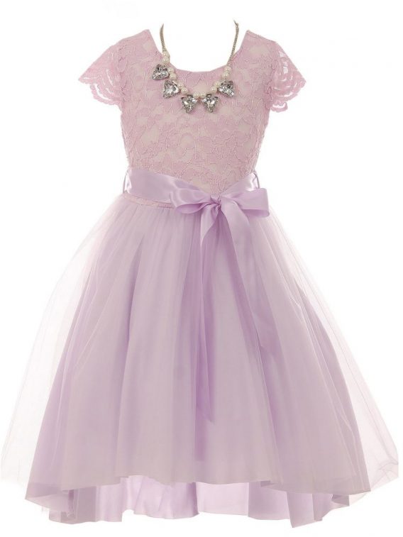 Little Girls Lilac Necklace Lace Hi-Low Flower Girl Dress.