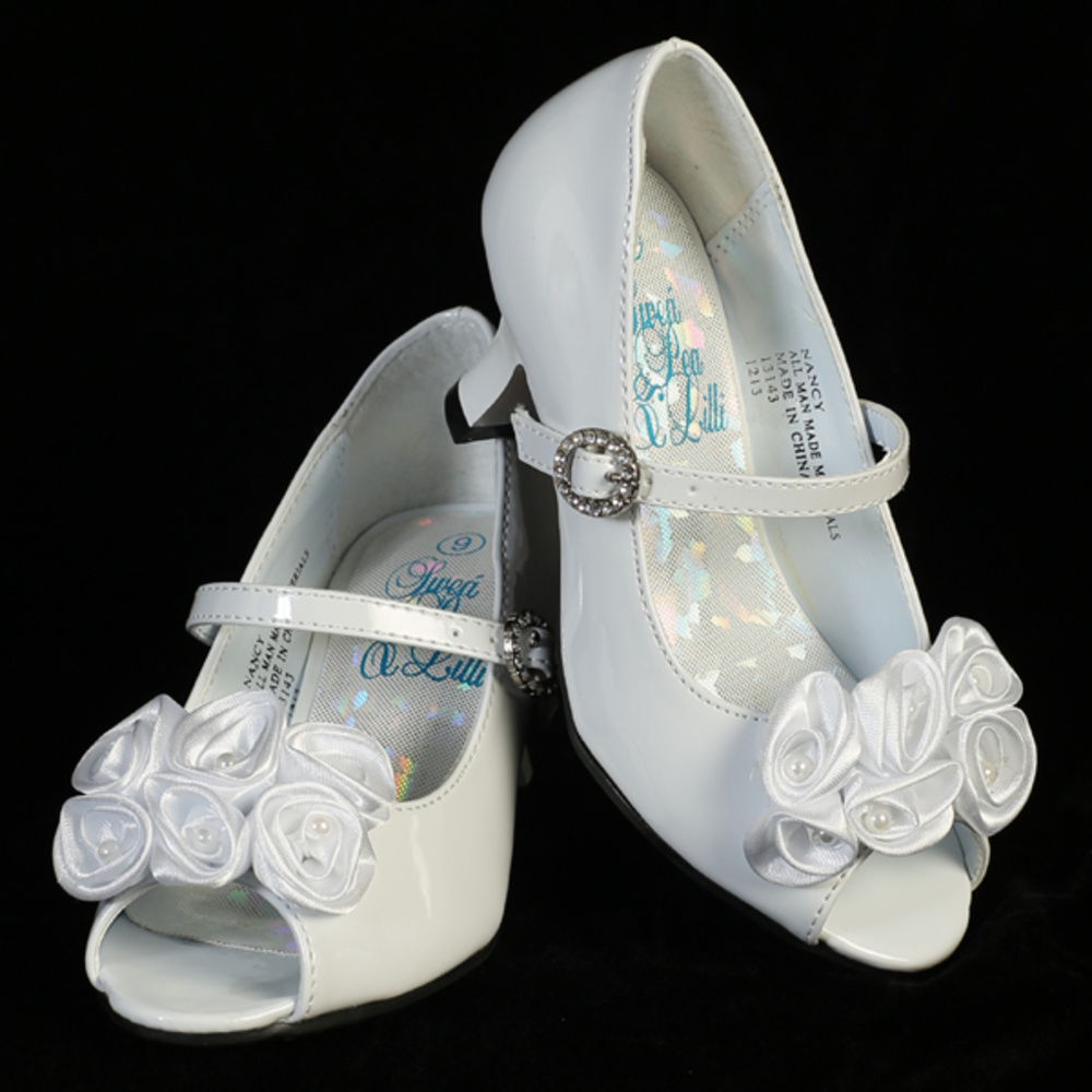 White Low Heel Girls Dress Shoe w/ Rhinestone Strap - Pink Princess