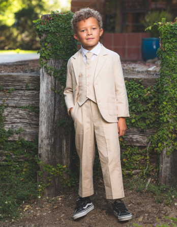 Safari-sand-colored Boys’ Suit includes Boys’ Jacket, Pants, Vest, Shirt, and Long Tie. Shop Boys Suits & Dress Shirt sets at Jaks’.