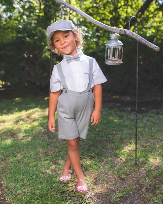 Gray Suspender outfit. Boy suspender set includes shorts with matching suspenders and bow tie, and a white short-sleeve shirt.