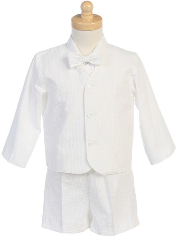 White 4-Piece Suit Includes Jacket, Shorts, Shirt and Bow Tie