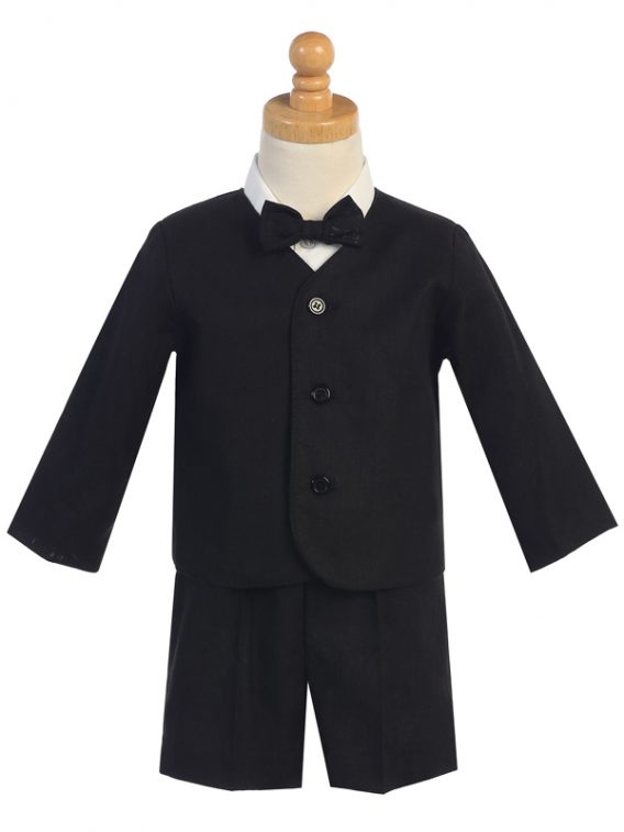 4 Piece Black Linen Blend Outfit with a Jacket, Shorts, White Dress Shirt, and Bow Tie.