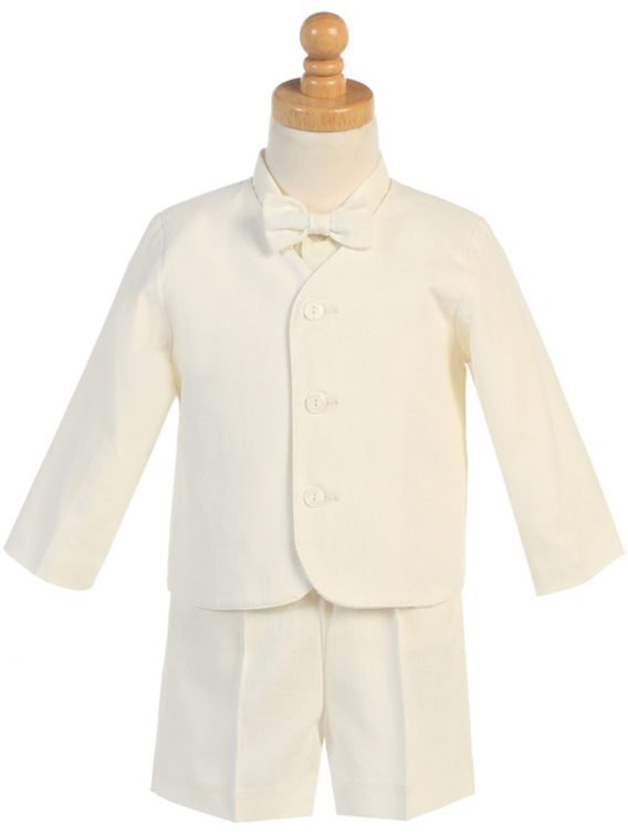 4 Piece Ivory Linen Blend Outfit with a Jacket, Shorts, White Dress Shirt, and Bow Tie.