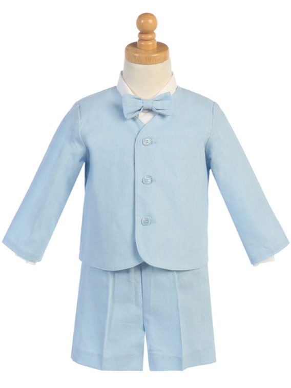4 Piece Light Blue Linen Blend Outfit with an Eton Jacket, Shorts, White Dress Shirt and Bow Tie.