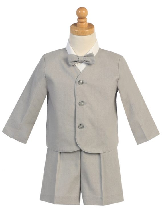 4 Piece Light Gray Linen Blend Outfit with a Jacket, Shorts, White Dress Shirt, and Bow Tie.
