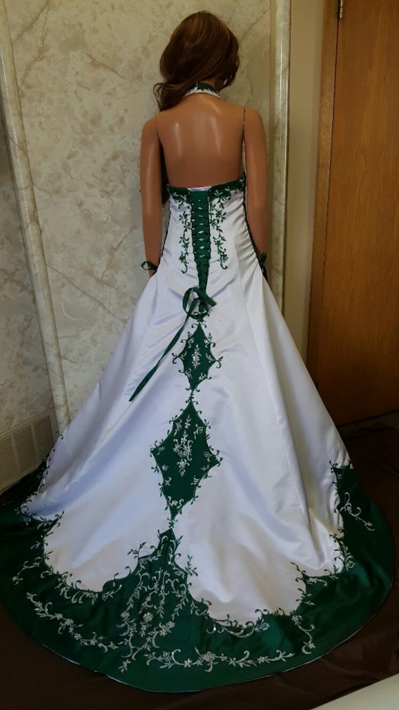 white and emerald halter wedding dress