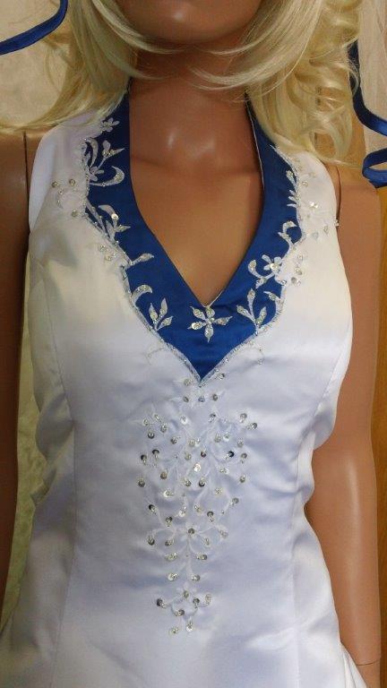 white and royal blue halter wedding dress