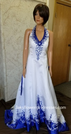 white and royal blue wedding gown