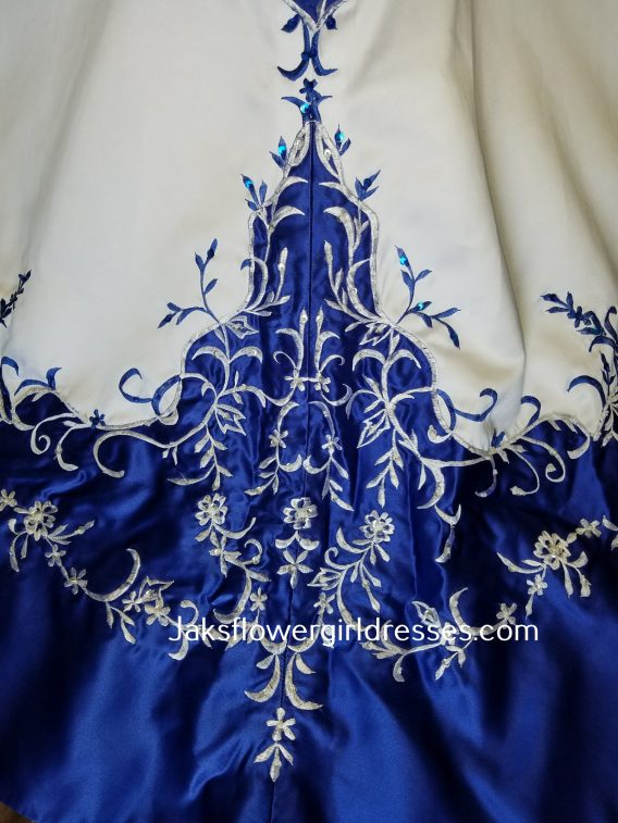 white and royal blue embroidered wedding gown