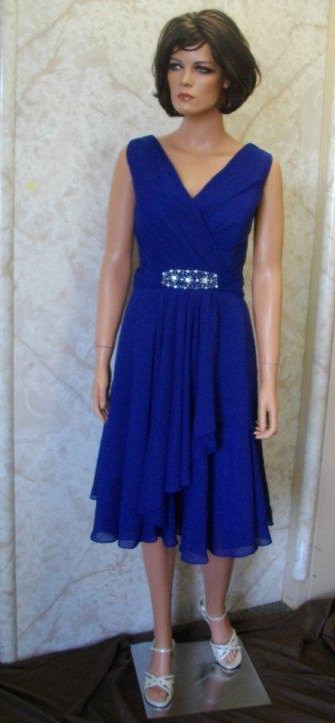 V-Neck Short Royal Blue Chiffon A-line Bridesmaid Dress With an Empire Waistline accented with a Brooch.