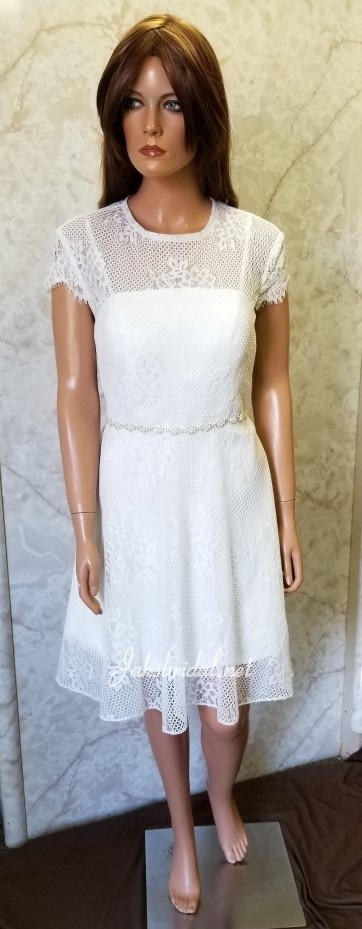 Lace short sleeve beach wedding dress with beaded waist.
