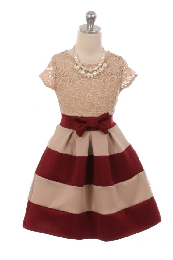 Pearl necklace embellishes this pretty dress from Just Kids. The short-sleeved dress comes with a lace-covered top. Knee-length and burgundy horizontal color block skirt with bow attached at the waist, and a sash on the back.