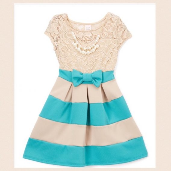 Pearl necklace embellishes this pretty dress from Just Kids. The short-sleeved dress comes with a lace-covered top. Knee-length and mint horizontal color block skirt with bow attached at the waist, and a sash on the back.
