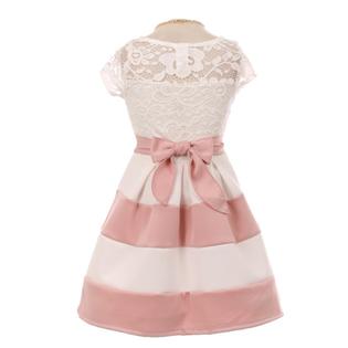 Pearl necklace embellishes this pretty dress from Just Kids. The short-sleeved dress comes with a lace-covered top. Knee-length and pink horizontal color block skirt with bow attached at the waist, and a sash on the back.