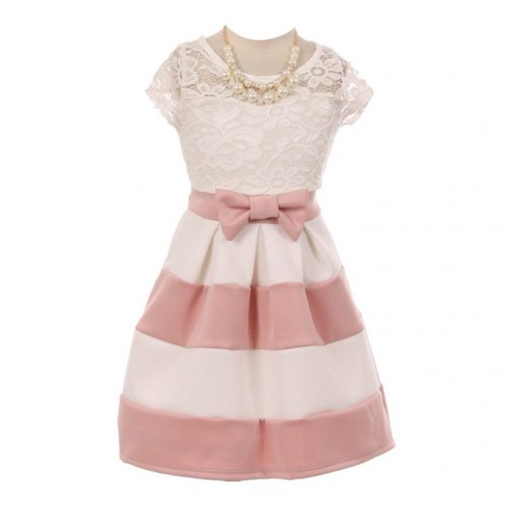 Pearl necklace embellishes this pretty dress from Just Kids. The short-sleeved dress comes with a lace-covered top. Knee-length and pink horizontal color block skirt with bow attached at the waist, and a sash on the back.