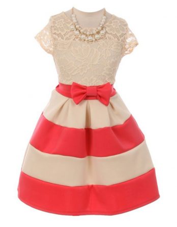 Pearl necklace embellishes this pretty dress from Just Kids. The short-sleeved dress comes with a lace-covered top. Knee-length and coral horizontal color block skirt with bow attached at the waist, and a sash on the back.