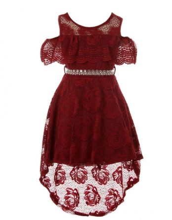 Girls burgundy hi-low off-shoulder lace dress. Floral lace dress with a rhinestone sash.