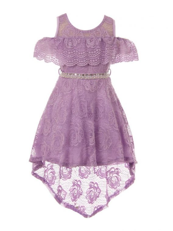 Girls lilac hi-low off-shoulder lace dress. Floral lace dress with a rhinestone sash.