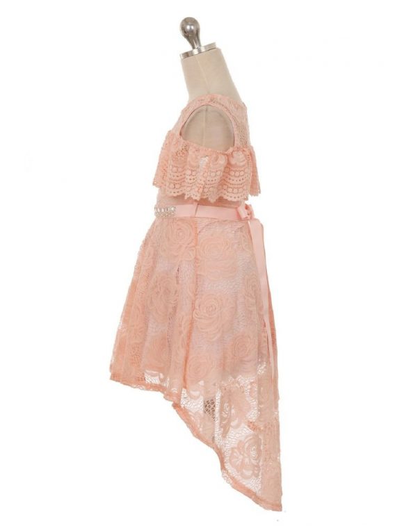 Girls blush hi-low off-shoulder lace dress. Floral lace dress with a rhinestone sash.