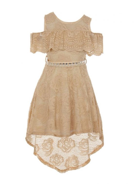 Girls champagne hi-low off-shoulder lace dress. Floral lace dress with a rhinestone sash.