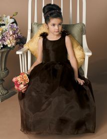 Girls long A-line brown organza flower girl dress with a v-back and bow on the waist.