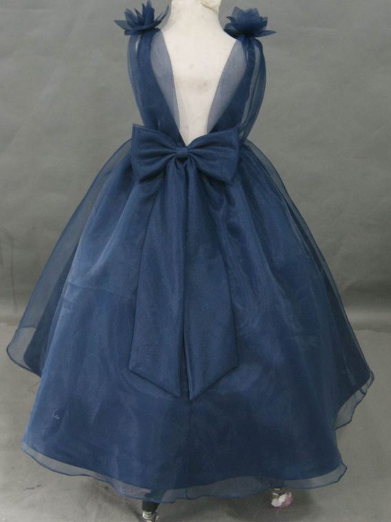 Girls long A-line navy organza flower girl dress with a v-back and bow on the waist.