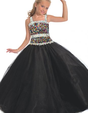 Rachel Allan Perfect Angels 1526 Black Spaghetti strap ball gown with sequin bodice crystal-embellished belt at the waist and soft tulle skirt. On sale.