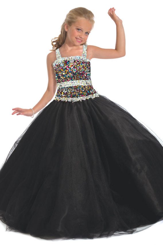 Rachel Allan Perfect Angels 1526 Black Spaghetti strap ball gown with sequin bodice crystal-embellished belt at the waist and soft tulle skirt. On sale.