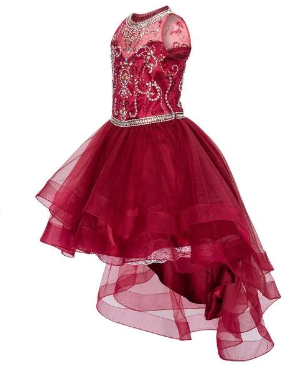 Burgundy hi low style features a halter neckline with pearls and jewel beading, rhinestone and sequin bodice with pearls.