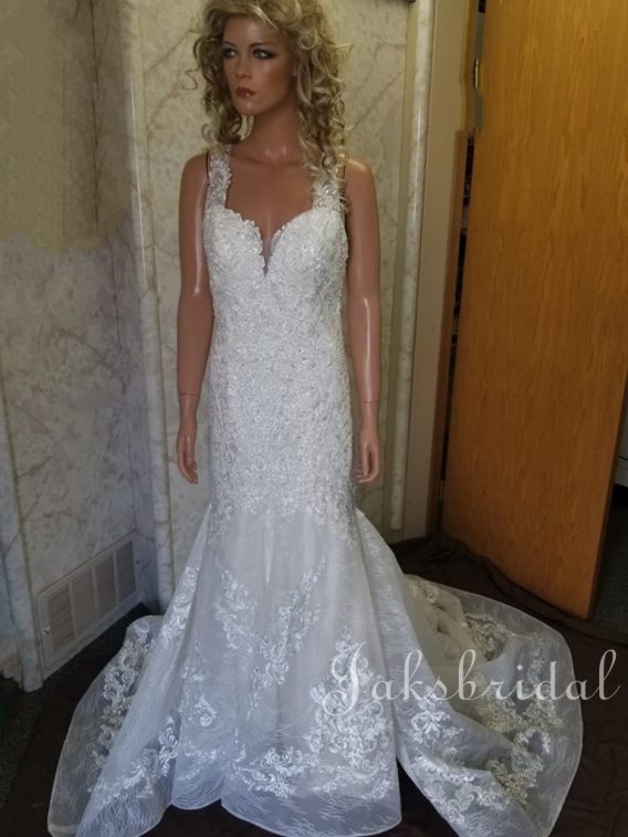 Fit and flare 2021 wedding dress sale. Silhouette will hug your figure and flare it out with elegant detailing and lace embroidery and brilliant faux pearls.