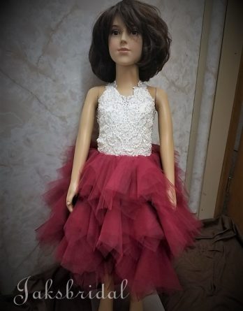 Burgundy flower girl dress with layered tulle skirt.