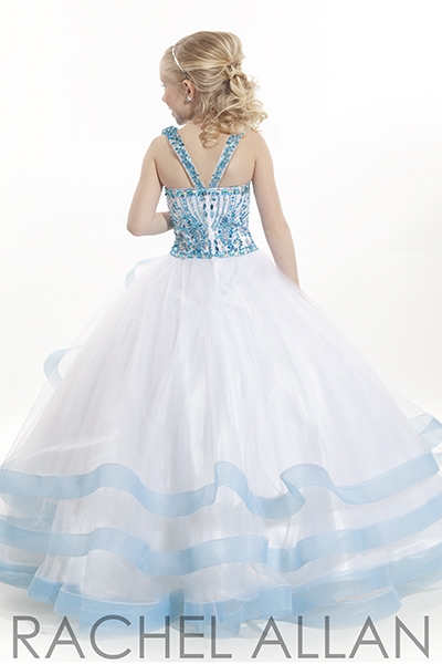 Rachel Allan Perfect Angels 1566 pageant ball gown with organza bottom and beaded straps, on sale.