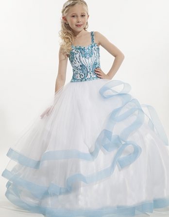 Rachel Allan Perfect Angels 1566 pageant ball gown with organza bottom and beaded straps, on sale.