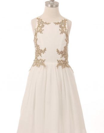 Girls formal rhinestone dress with golden lace size 2-20, in off-white.