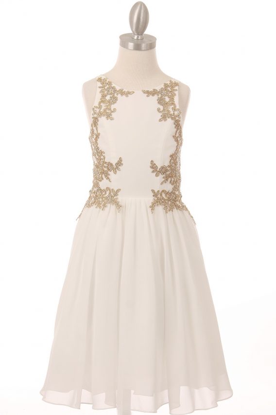 Girls formal rhinestone dress with golden lace size 2-20, in off-white.