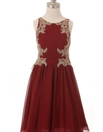 Girls formal rhinestone dress with golden lace size 2-20, in burgundy.