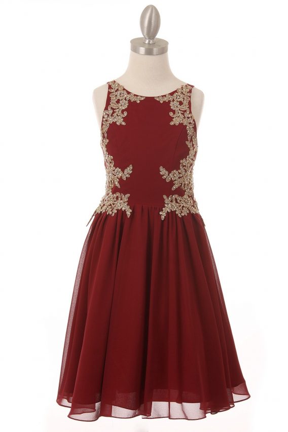Girls formal rhinestone dress with golden lace size 2-20, in burgundy.