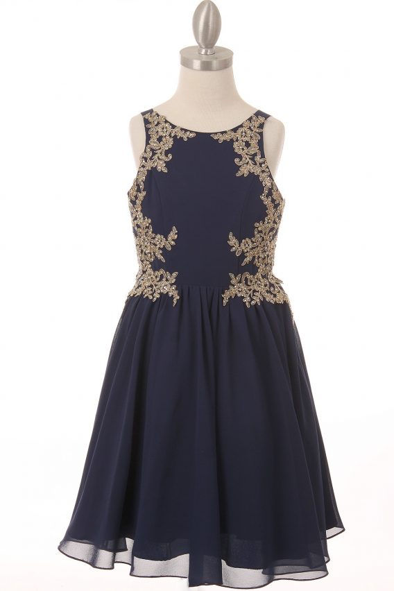 Girls formal rhinestone dress with golden lace size 2-20, in navy.