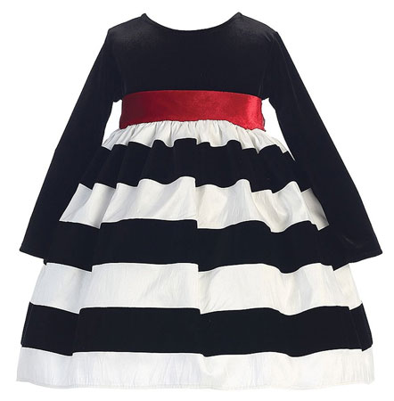 long sleeve velvet dress with striped skirt