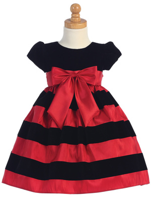 The gown features black short sleeved velvet bodice with a red ribbon bow on waist leading to a black and red striped skirt. It makes a nice Christmas dress