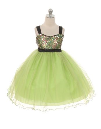 Girls lime green holiday sequin and tulle dress, accented with black shoulder straps, and waistline.
