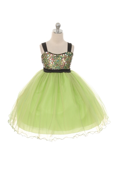 Girls lime green holiday sequin and tulle dress, accented with black shoulder straps, and waistline.