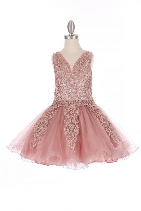 Dusty Rose V Neck Sequin Tulle Girls Short Princess Dress
